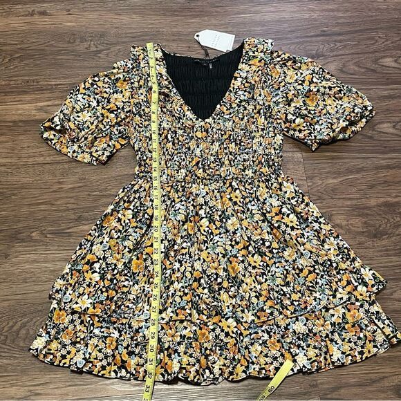 NWT ENGLISH FACTORY Plunge Smocked Cotton Floral Mini Dress Yellow Black Blue XS - Picture 11 of 16